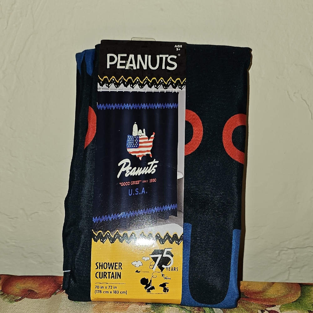 Peanuts 75th Anniversary Shower Curtain with Red and Blue Accents